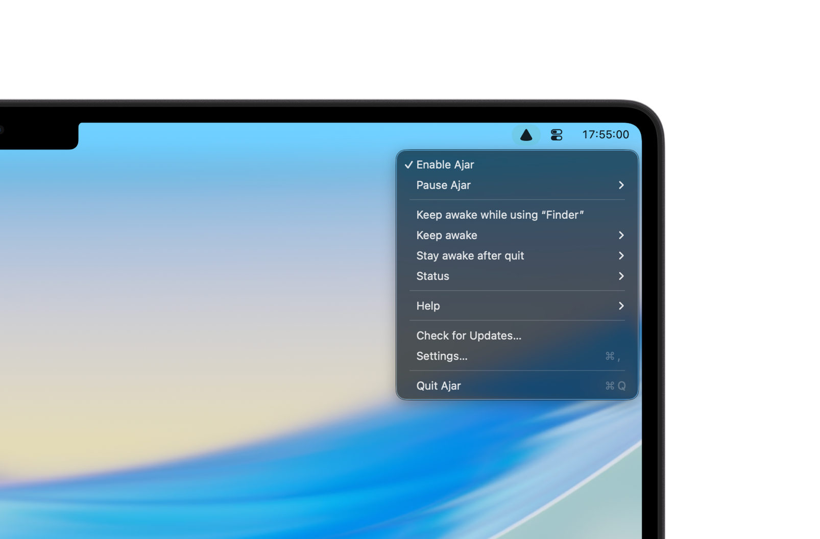 Ajar menu bar open on a MacBook