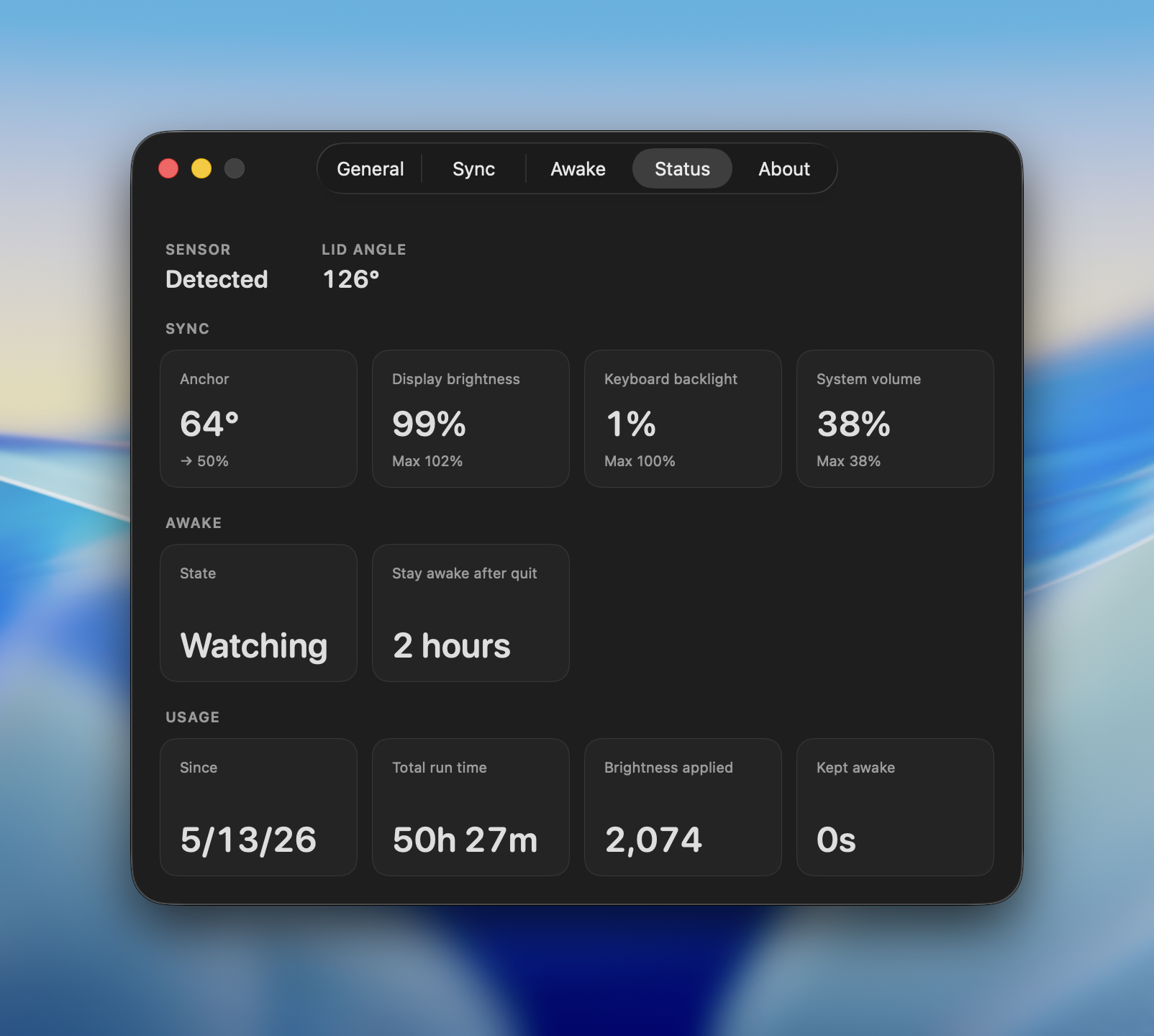 Ajar status screen showing live readouts