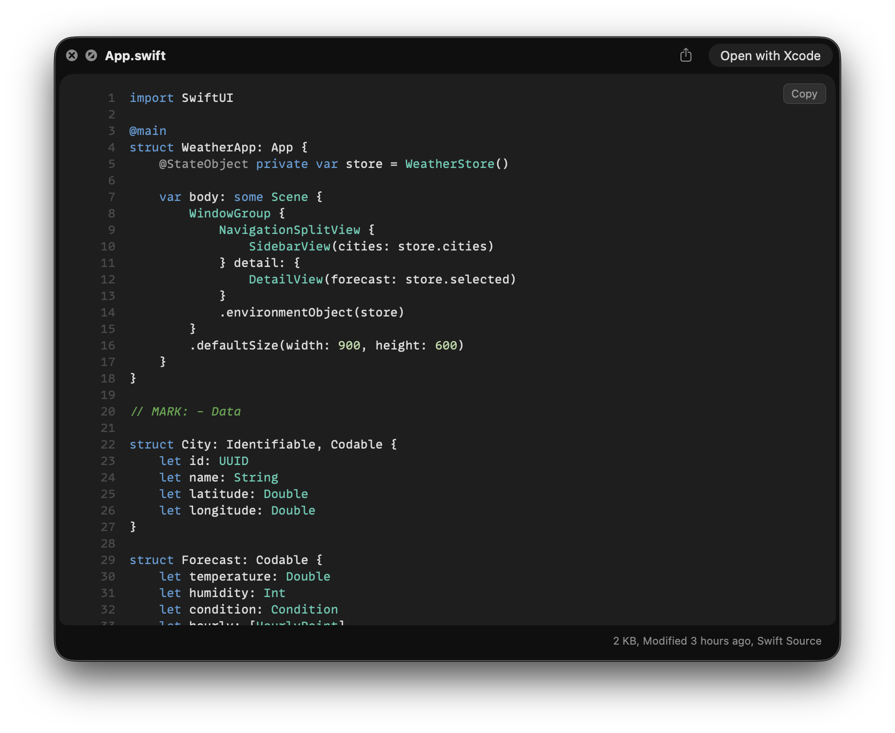 Aperçu Quick Look de Looq avec coloration syntaxique Swift
