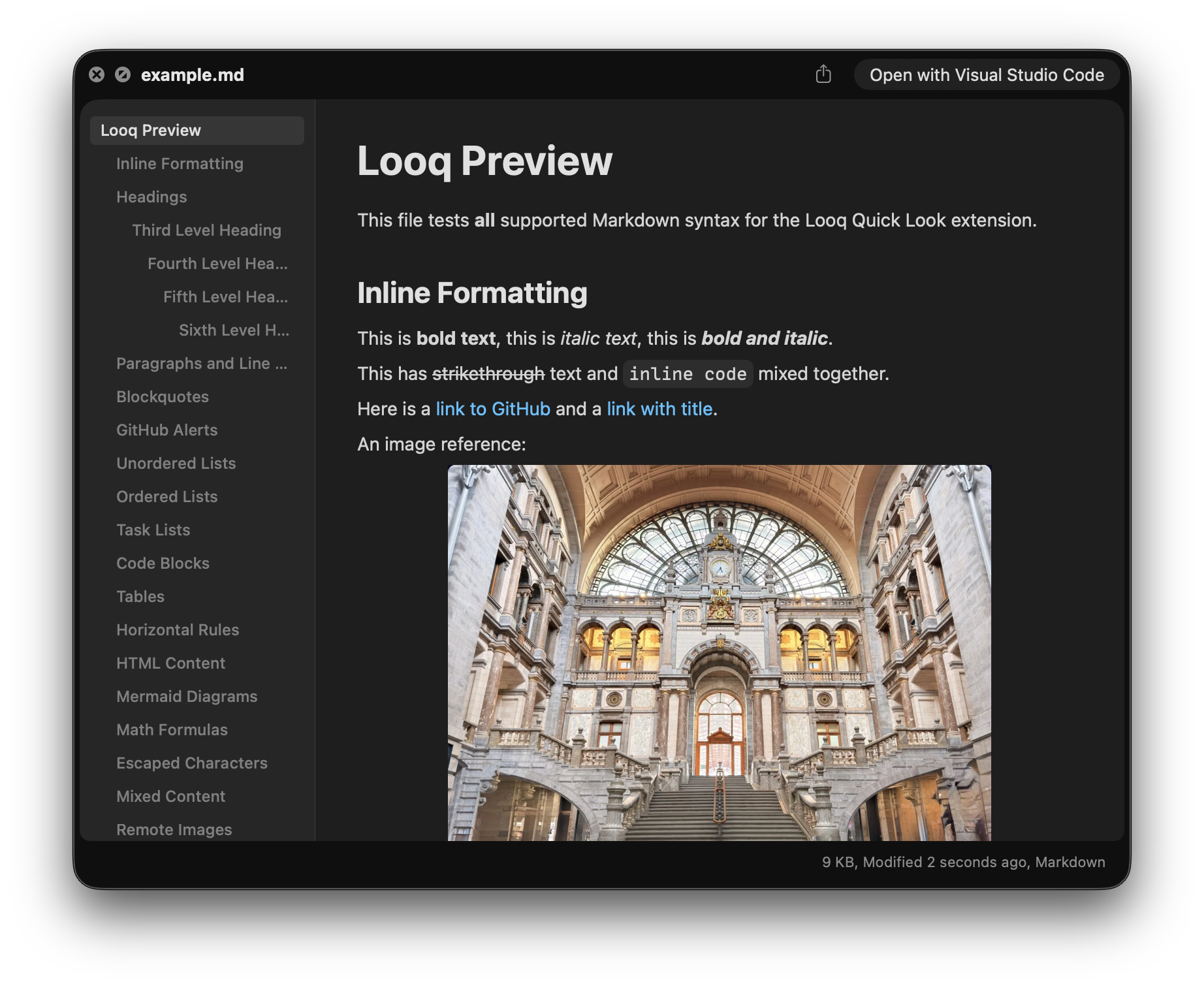 Aperçu Quick Look de Looq affichant un fichier Markdown