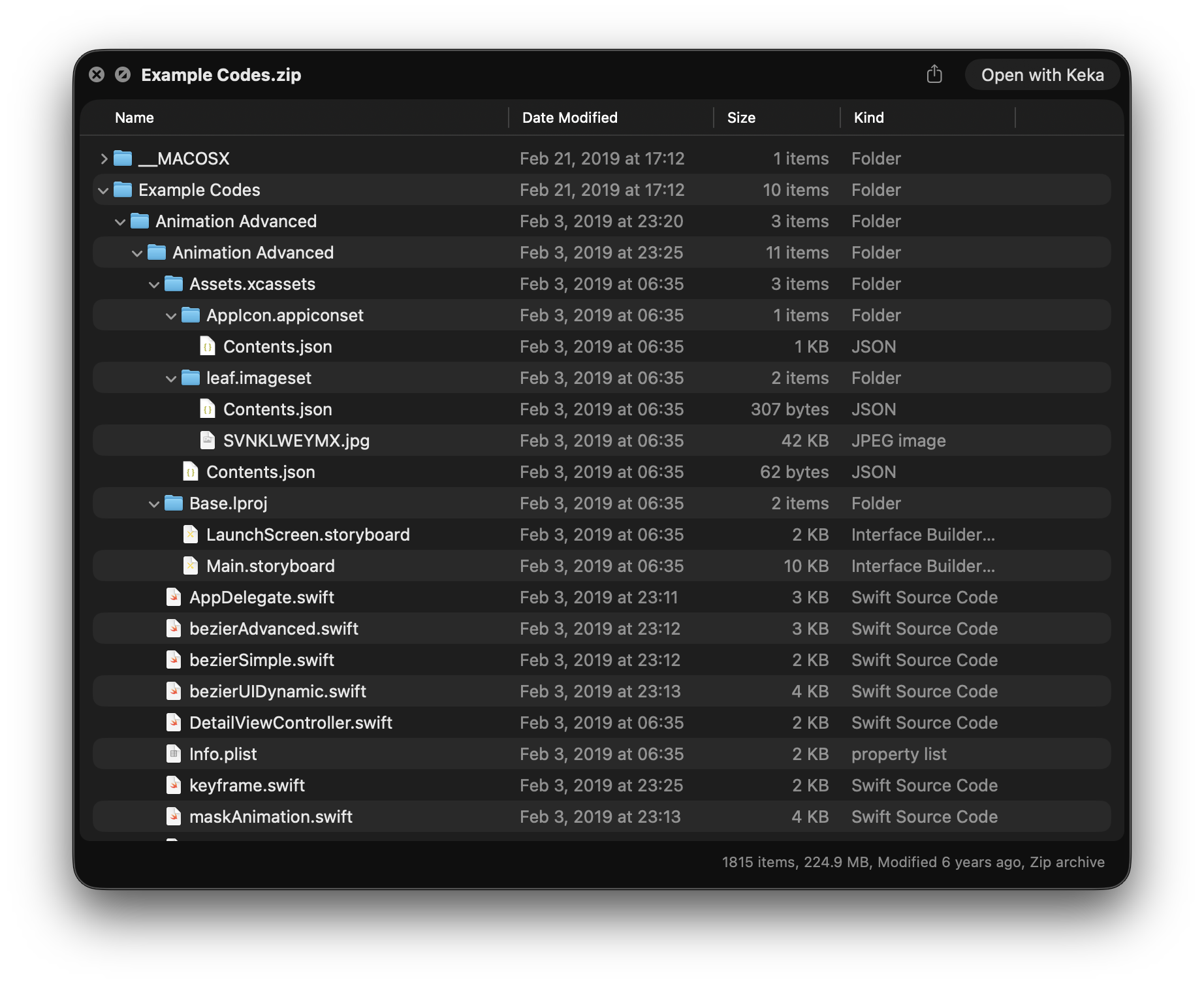 Aperçu Quick Look de Looq parcourant une archive zip