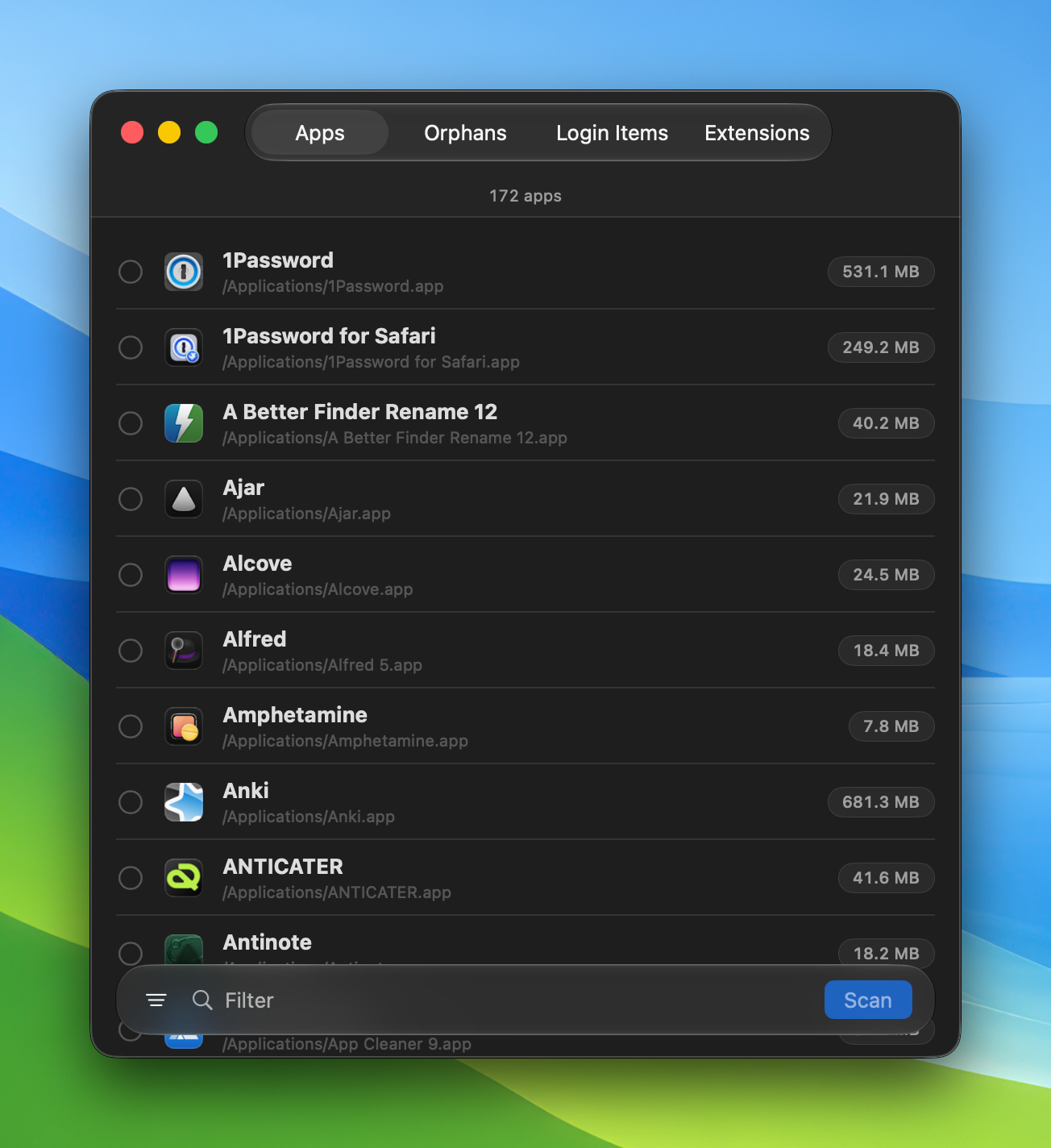 Sweeper's app list showing installed apps with their sizes