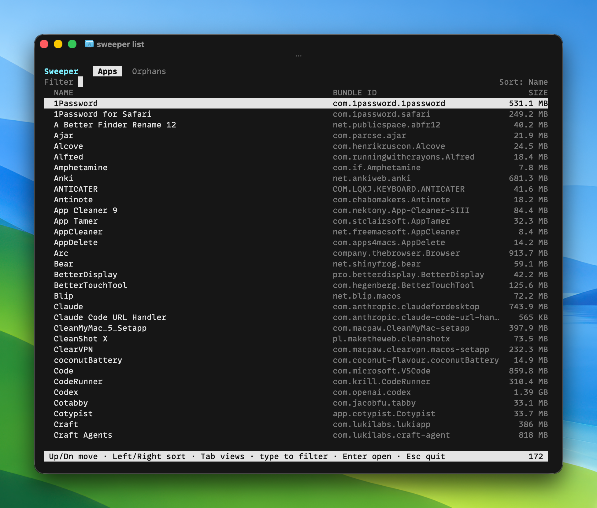 The sweeper terminal app listing installed apps with bundle IDs and sizes
