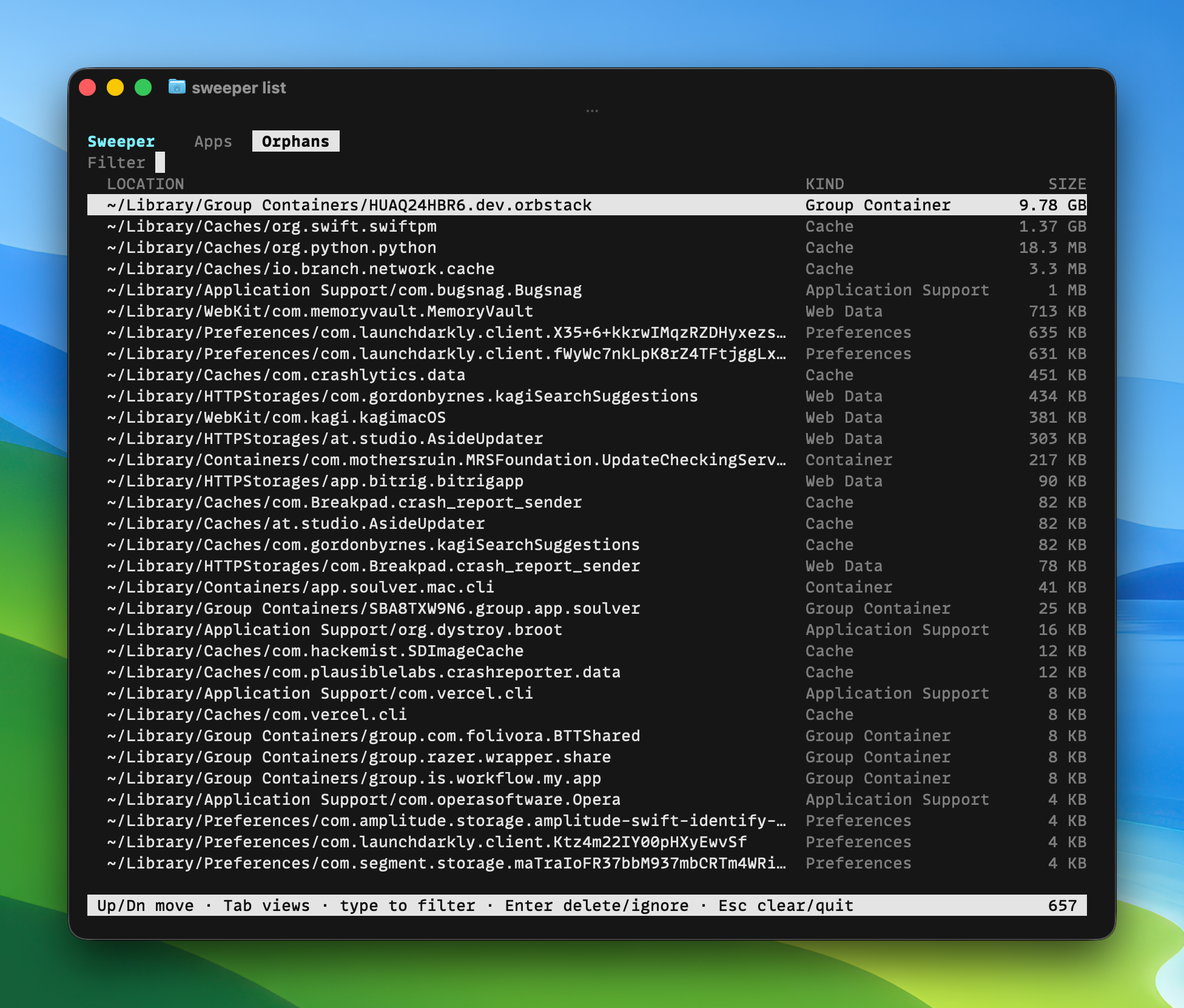 The sweeper terminal app showing orphaned files by location, kind, and size