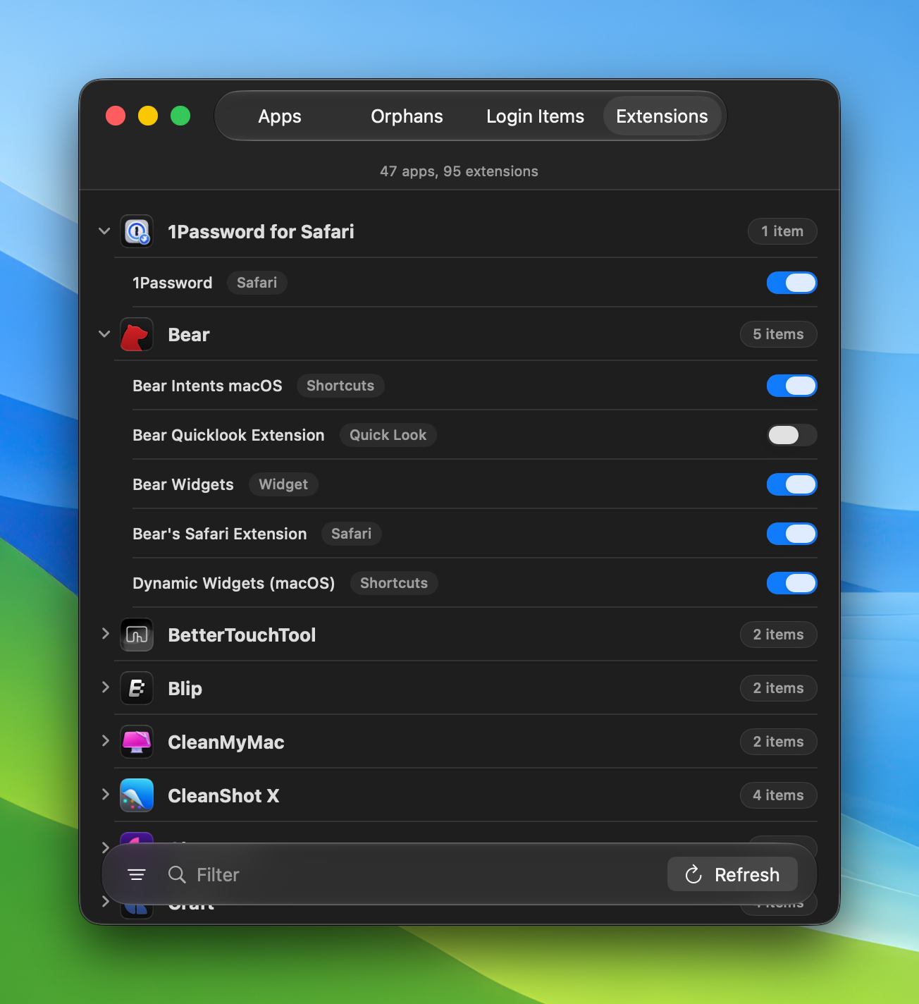 Sweeper's extensions list grouped by app