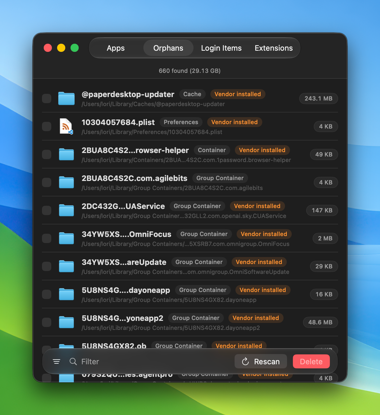 Sweeper's orphan scan listing leftover files tagged by type