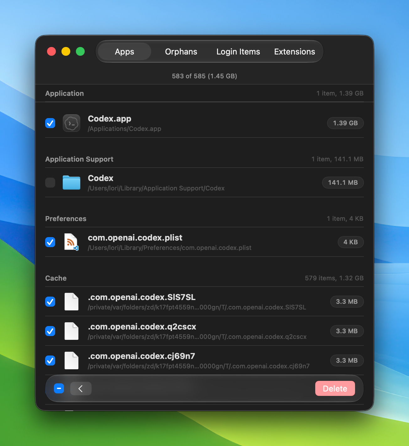 Sweeper reviewing Codex's files grouped by Application, Application Support, Preferences, and Cache