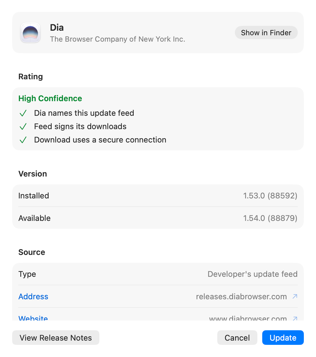 About This Update for an app in Upto: its rating with the checks behind it, its versions, and its source