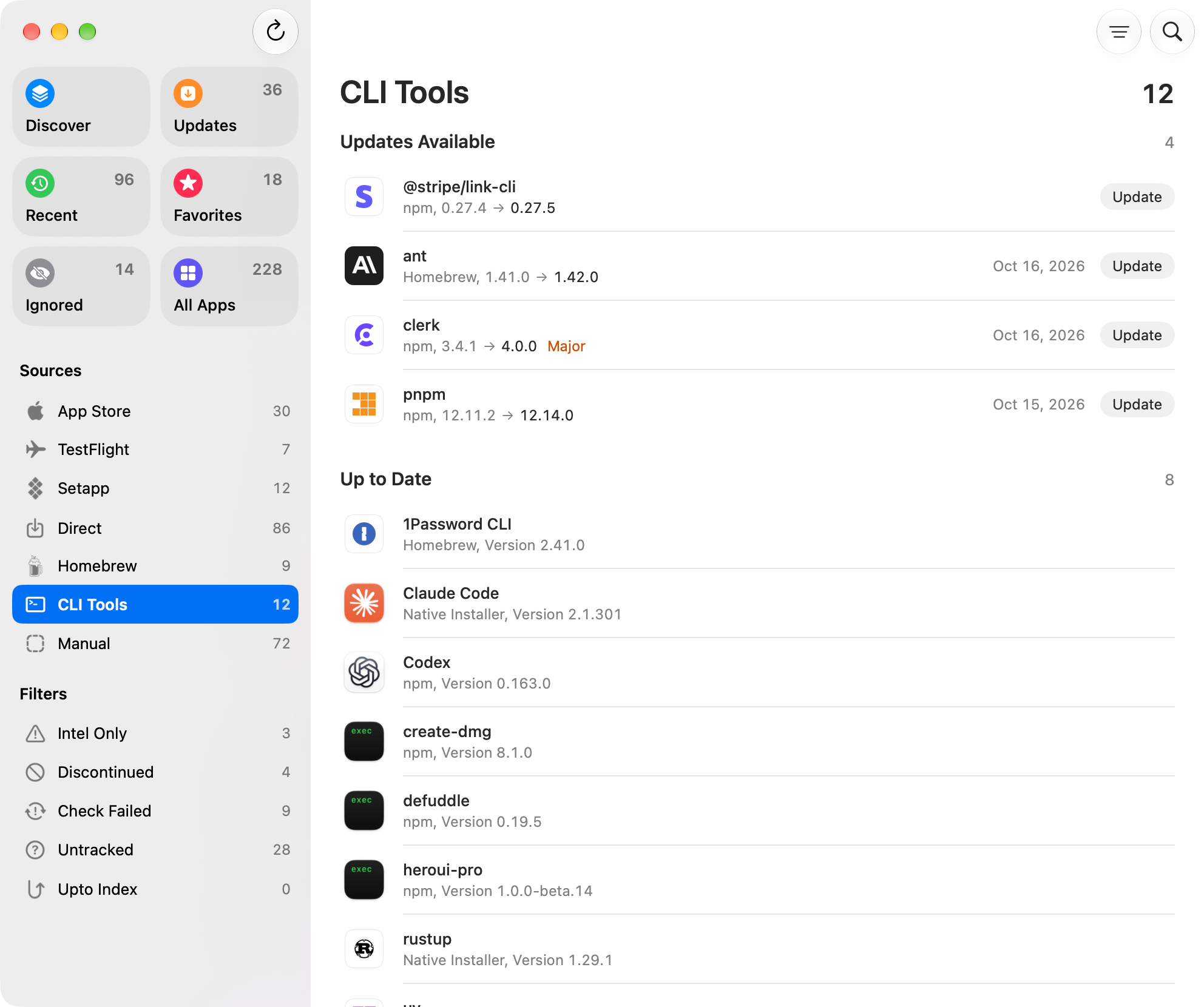 Command-line tools in Upto, each with its update