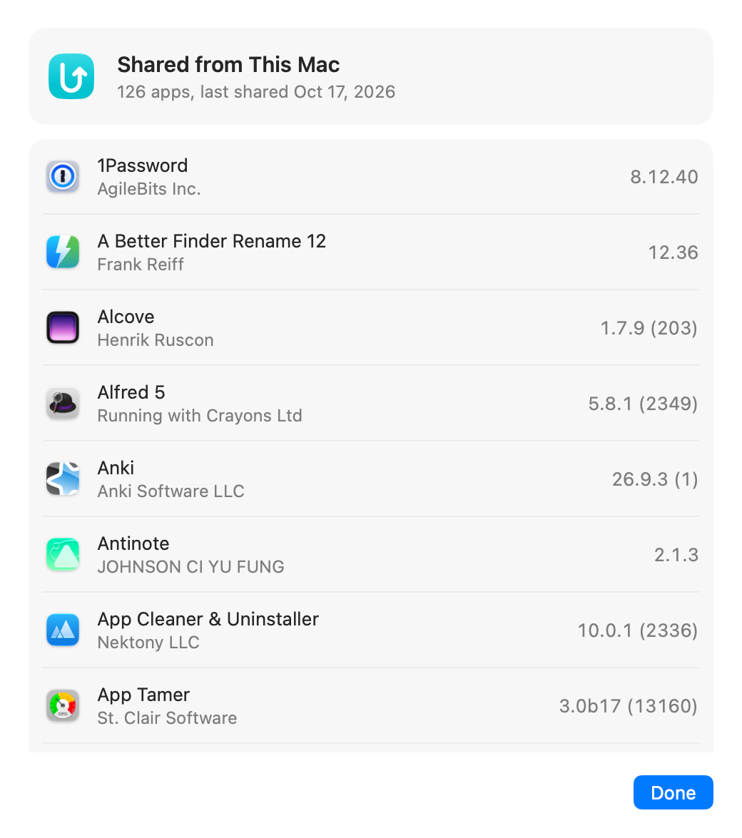 Shared from This Mac in Upto's settings: each app with its developer and version