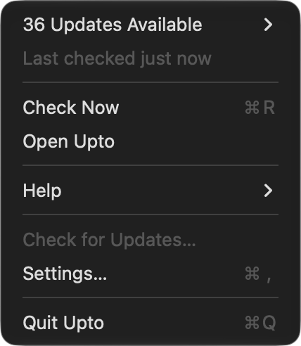 Upto's menu bar menu: 36 updates available, Check Now, and Open Upto